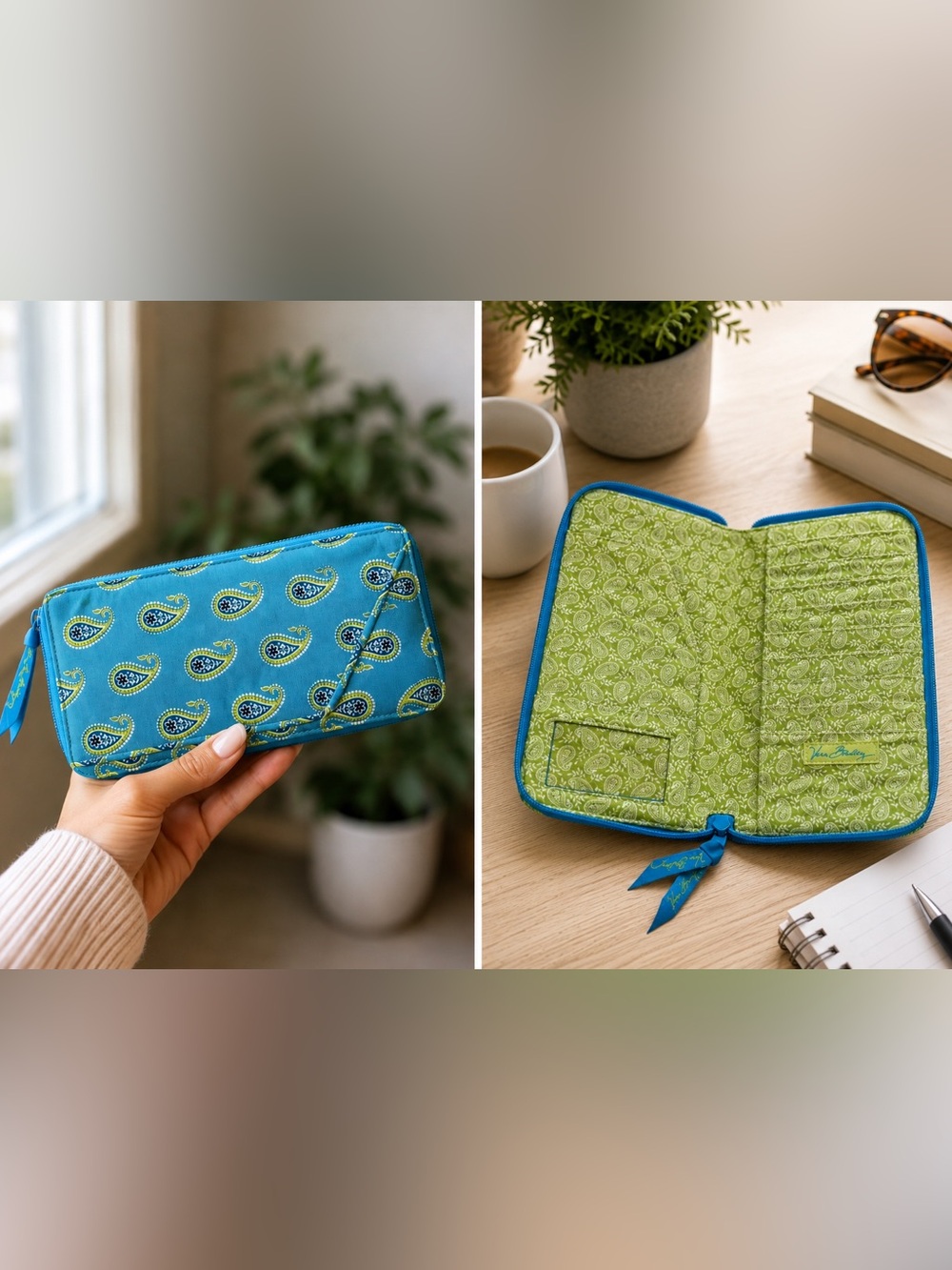 Vera Bradley Zip-Around Wallet Organizer – Blue & Green Paisley